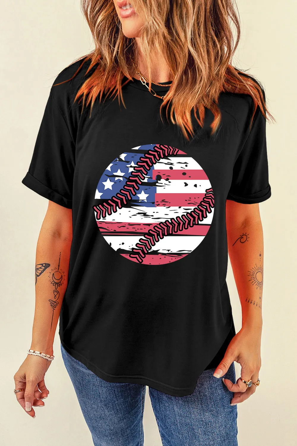 Us Flag Round Neck Short Sleeve T-Shirt