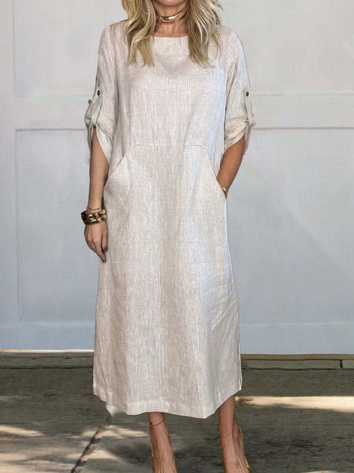 Full Size Round Neck Roll-Up Sleeve Midi Dress Plus Size