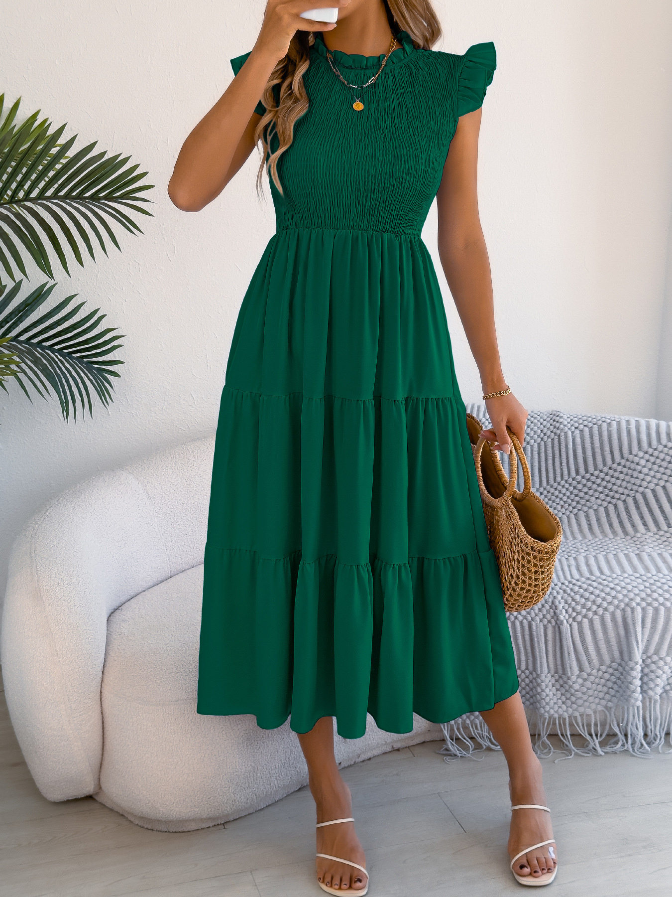 Smocked Ruffled Cap Sleeve Dress