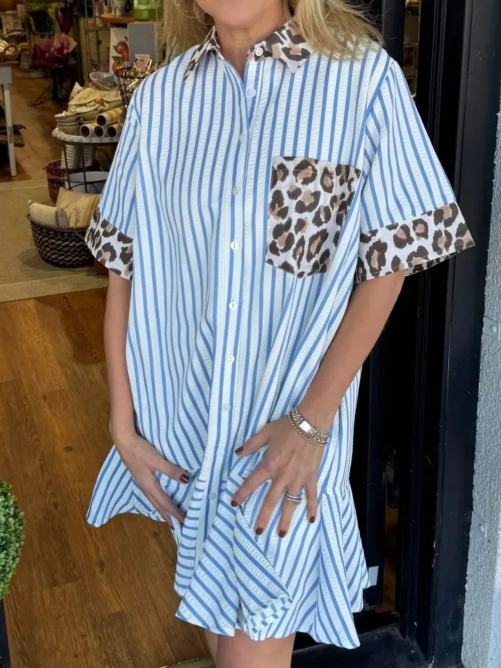Striped Leopard Patch Shirt Dress