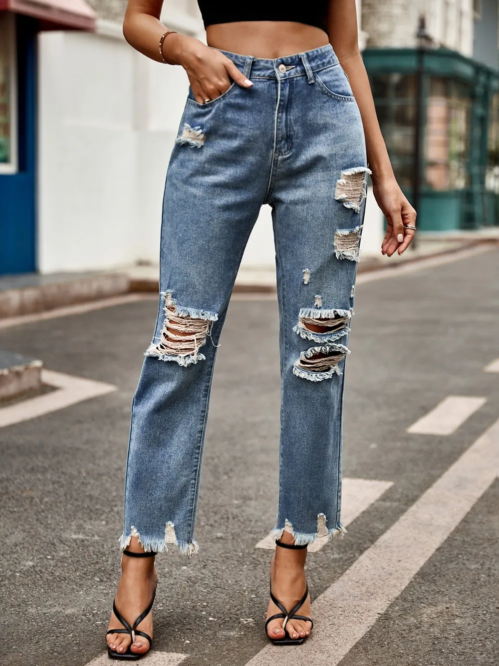 Distressed Raw Hem Jeans With Pockets