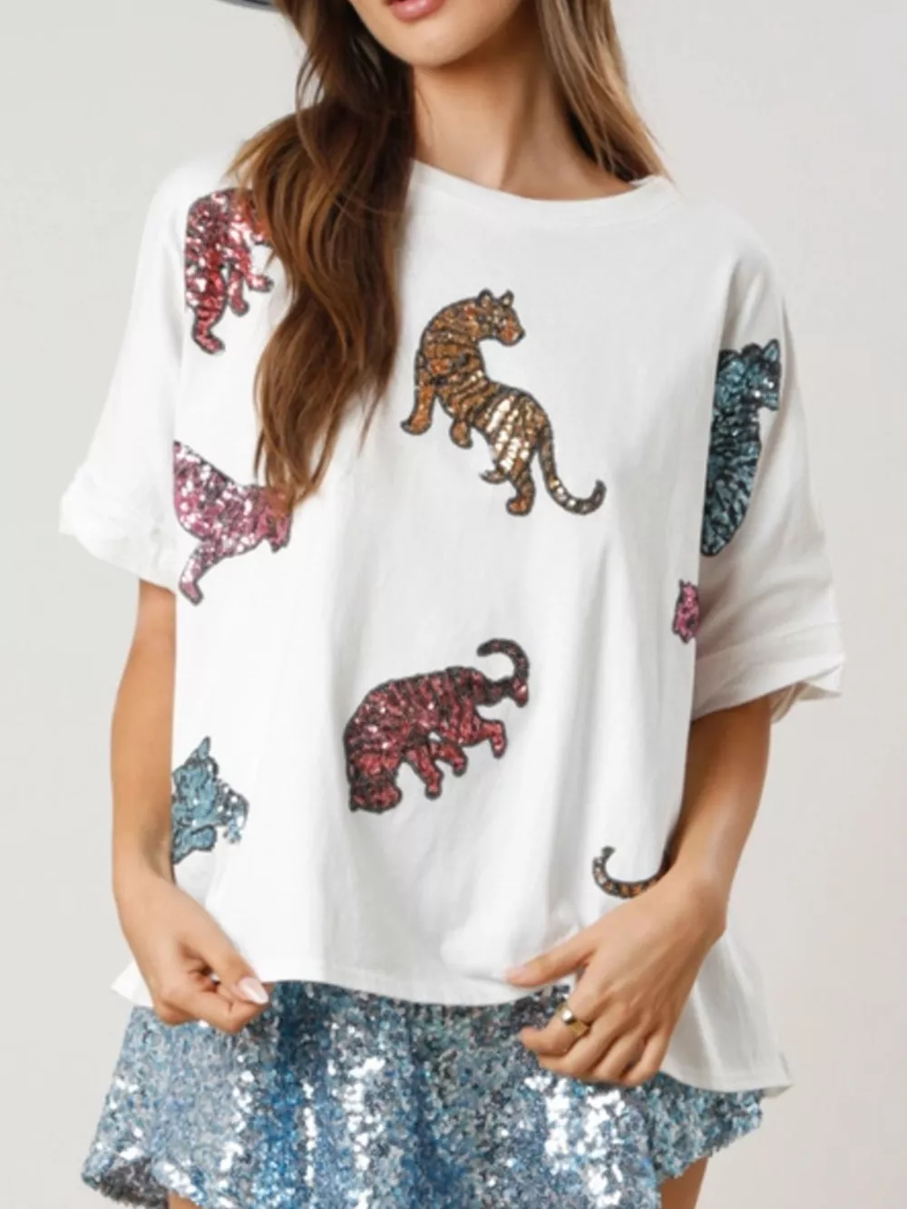 Sequin Tiger Round Neck T-Shirt