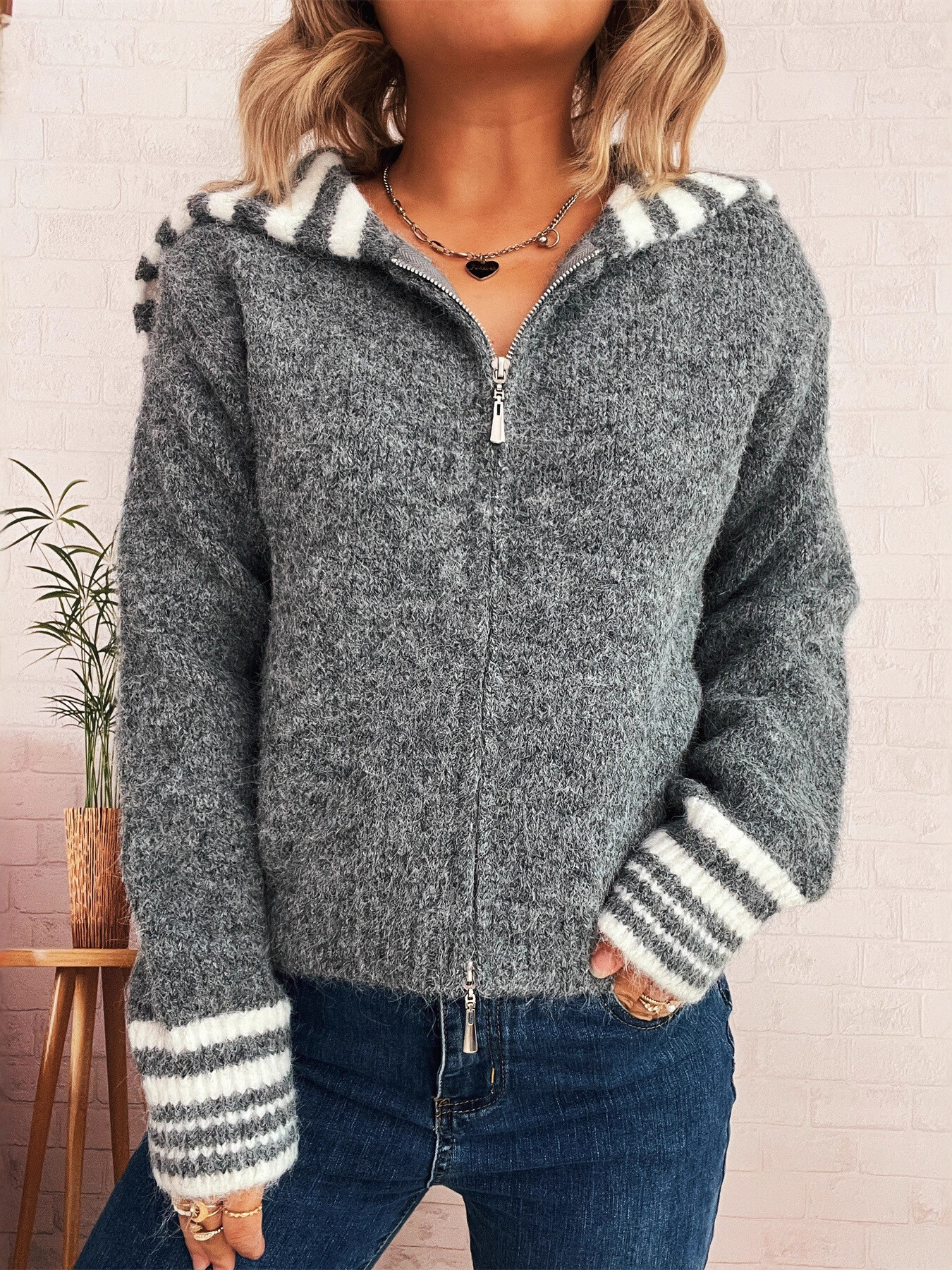 Striped Zip-Up Cardigan