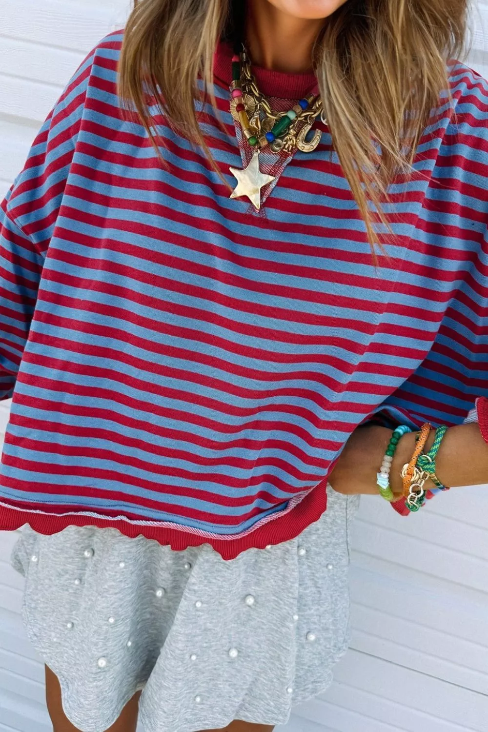 Stripe Exposed Seam Contrast Ribbed Trim Oversize Sweatshirt