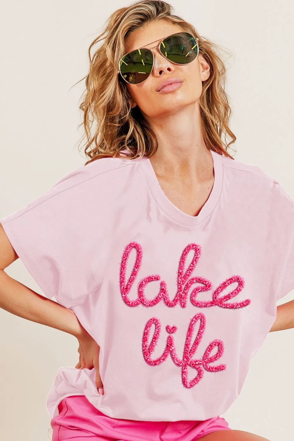 Bibi Metallic Letter Short Dolman Sleeve Top