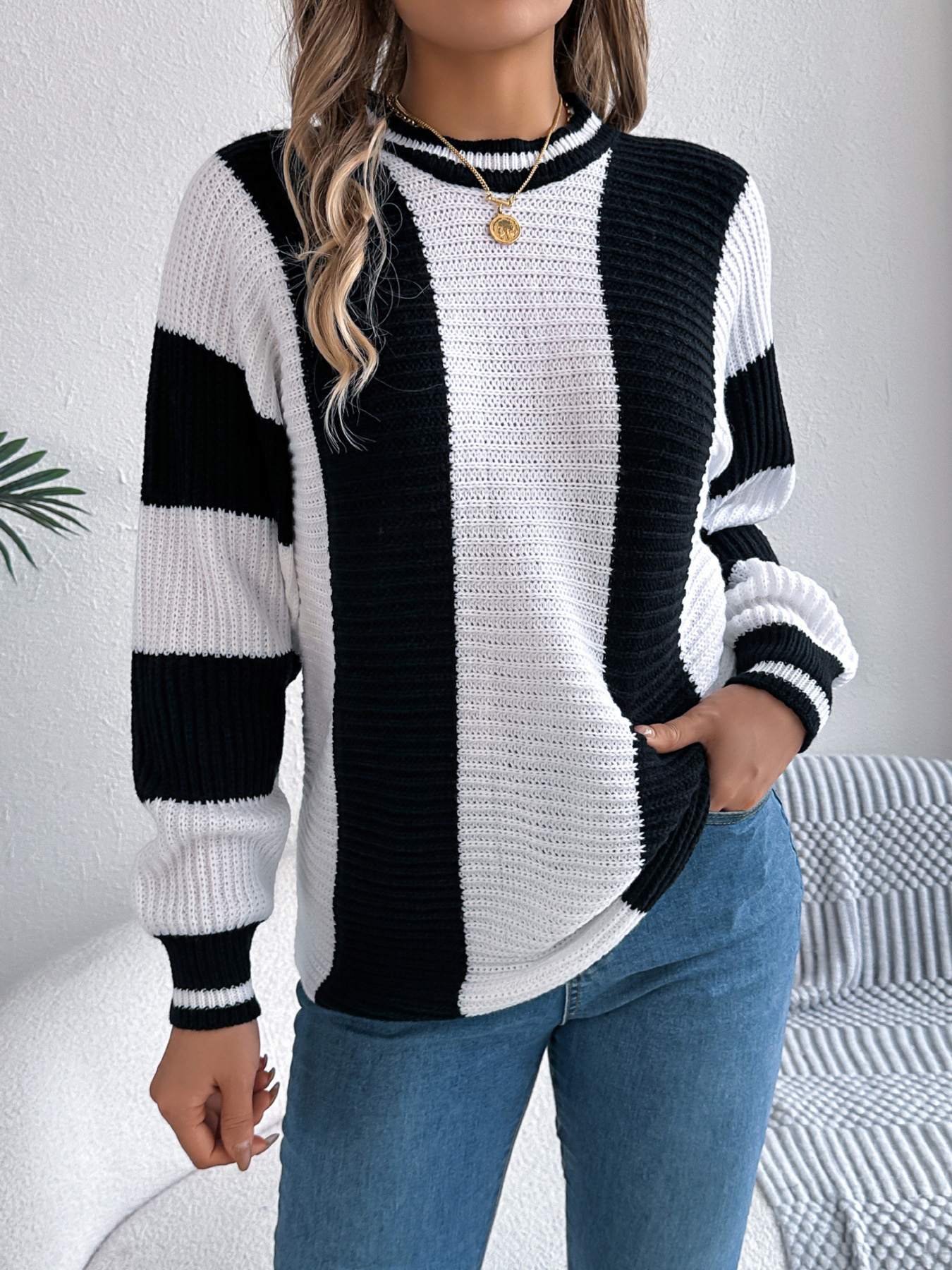 Color Block Round Neck Sweater