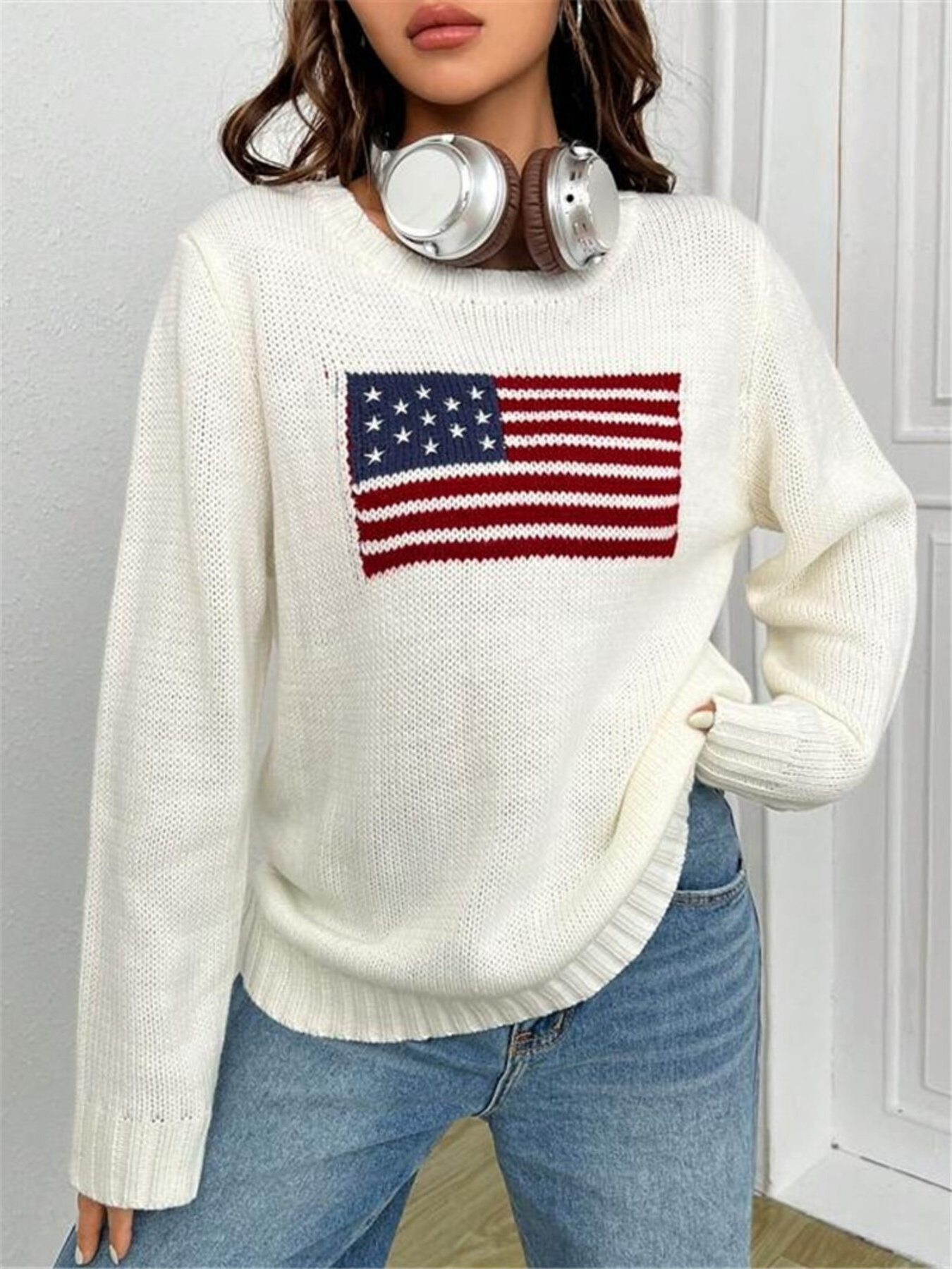 Us Flag Round Neck Long Sleeve Sweater