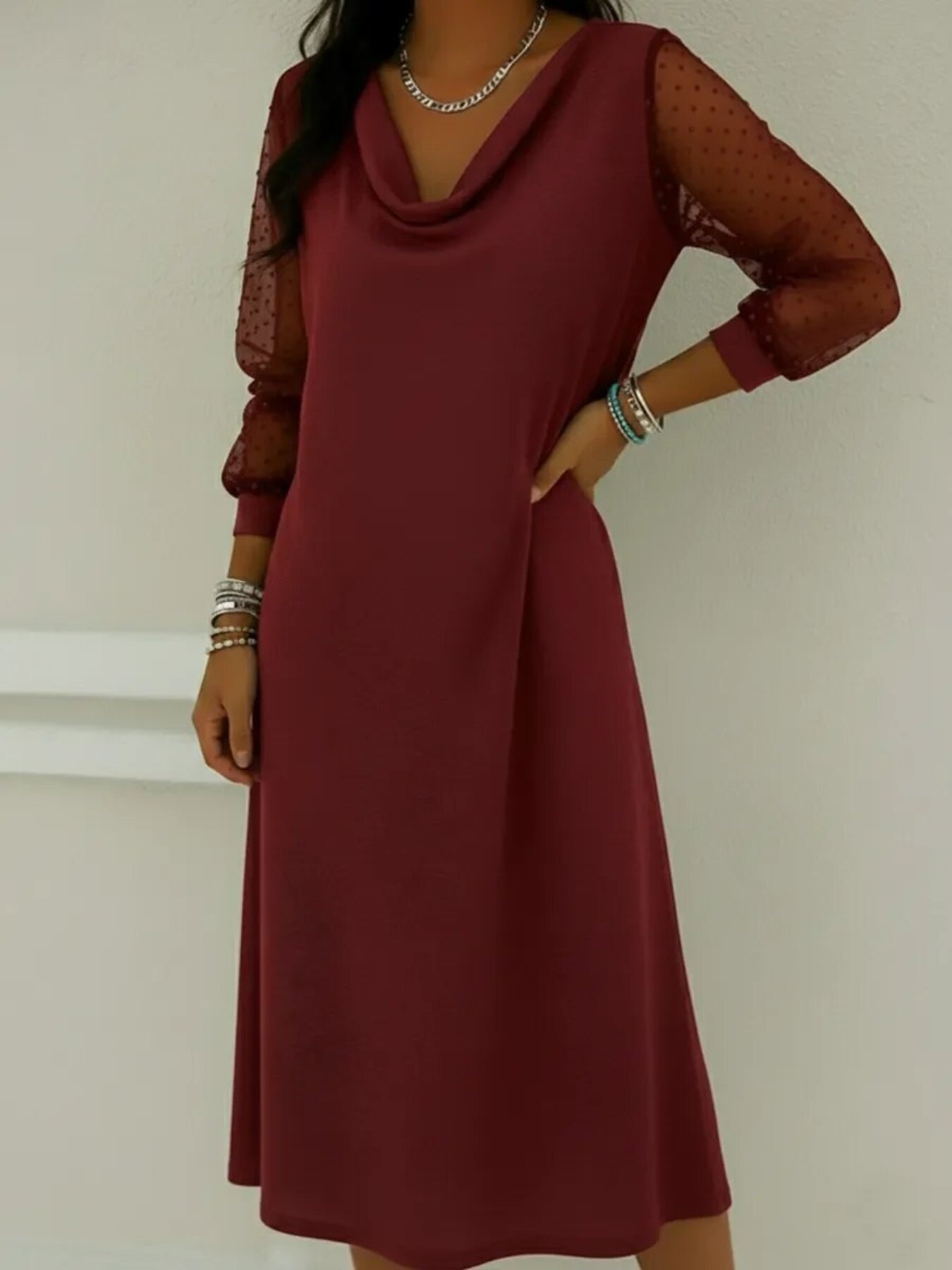 Full Size Cowl Neck Polka Dot Mesh Sleeve Dress Plus Size