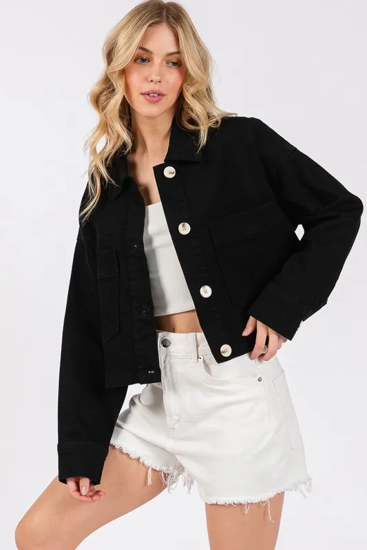 Bytos Button Down Cropped Denim Jacket With Patch Pockets