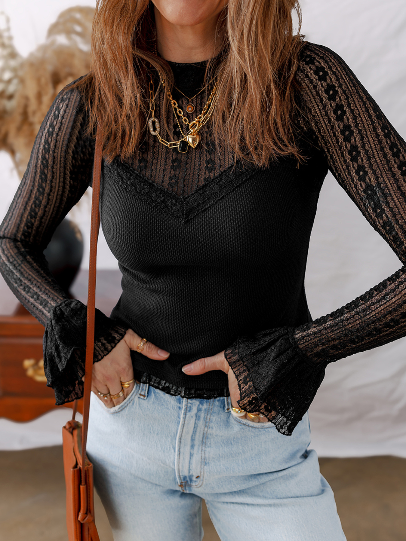 Lace Patchwork Flounce Sleeve Slim Fit Top