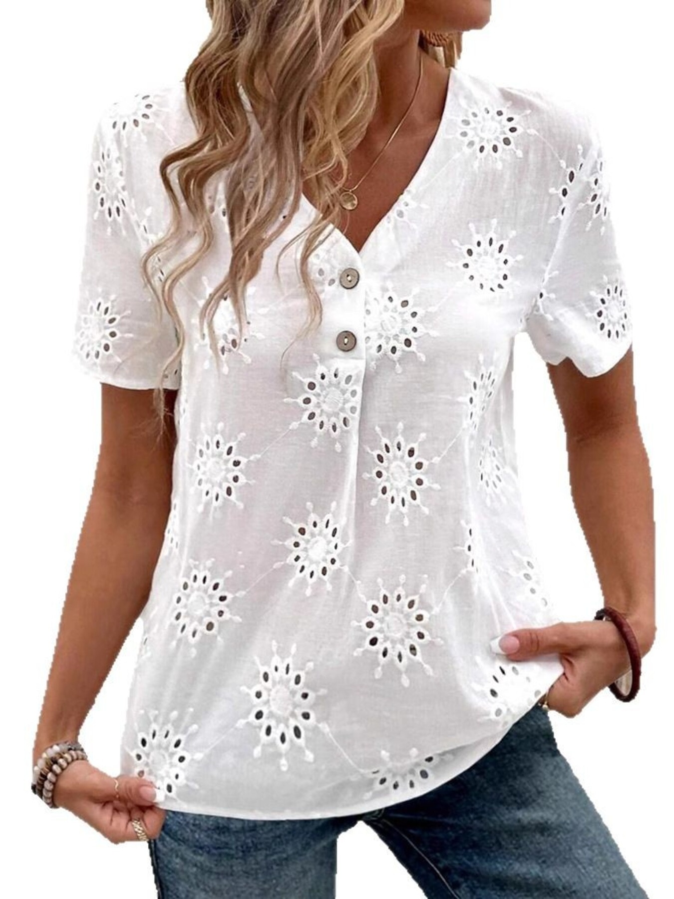 Eyelet V-Neck Short Sleeve Top
