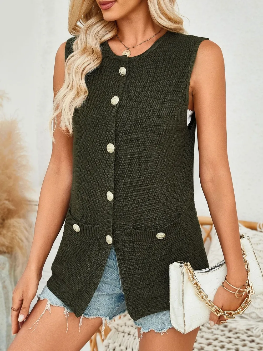 Button Down Round Neck Knit Vest