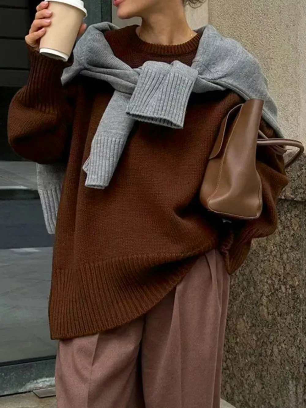 Ribbed Hem Round Neck Sweater