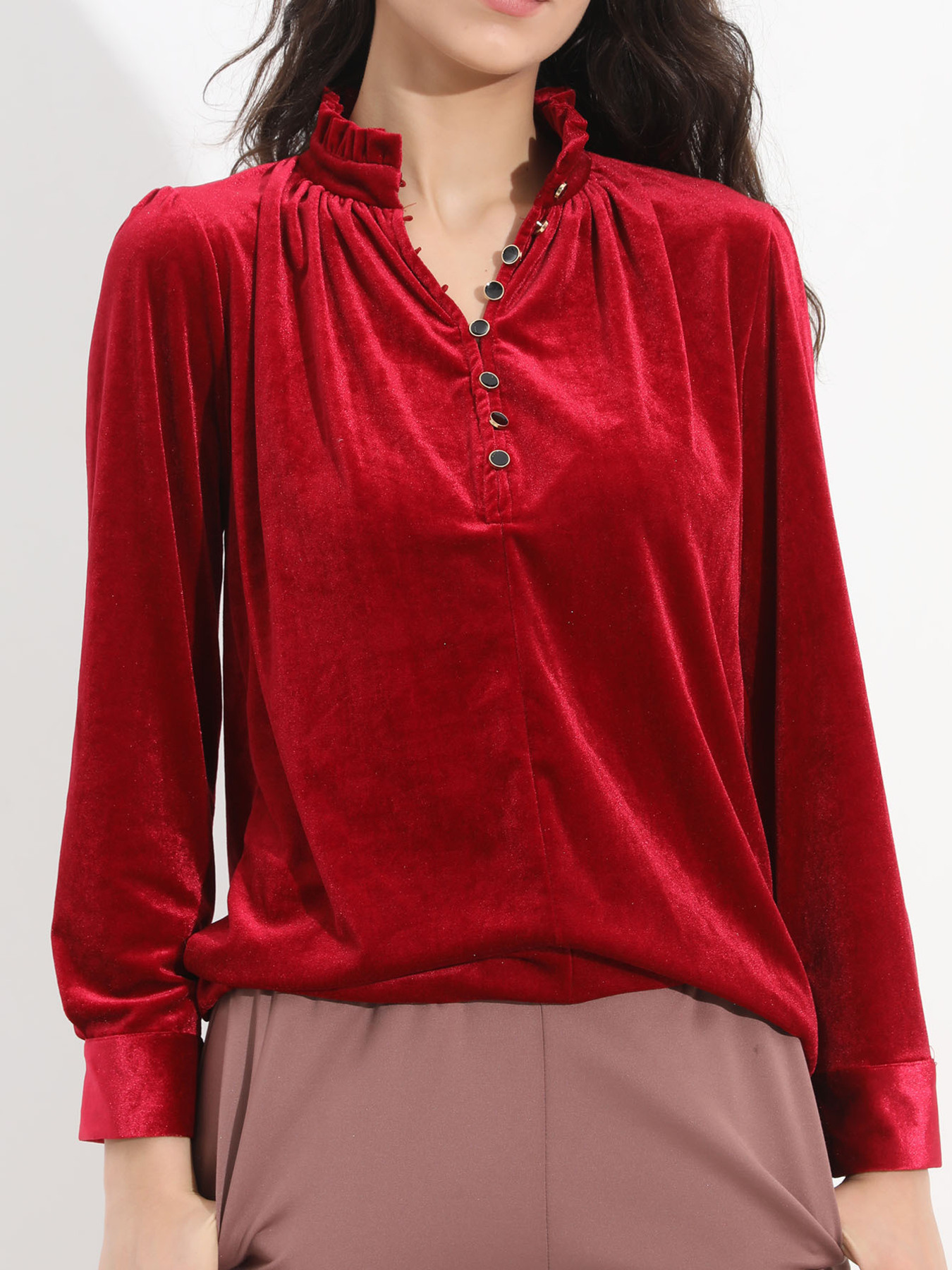 Elegant Velvet Ruffle Neck Blouse