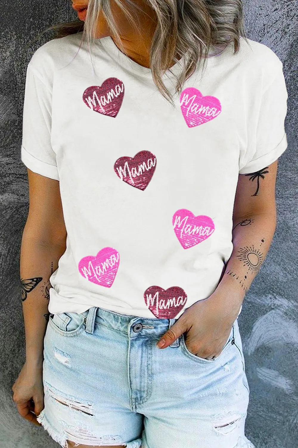 Mama Heart Shape Sequin Patched Crew Neck T Shirt