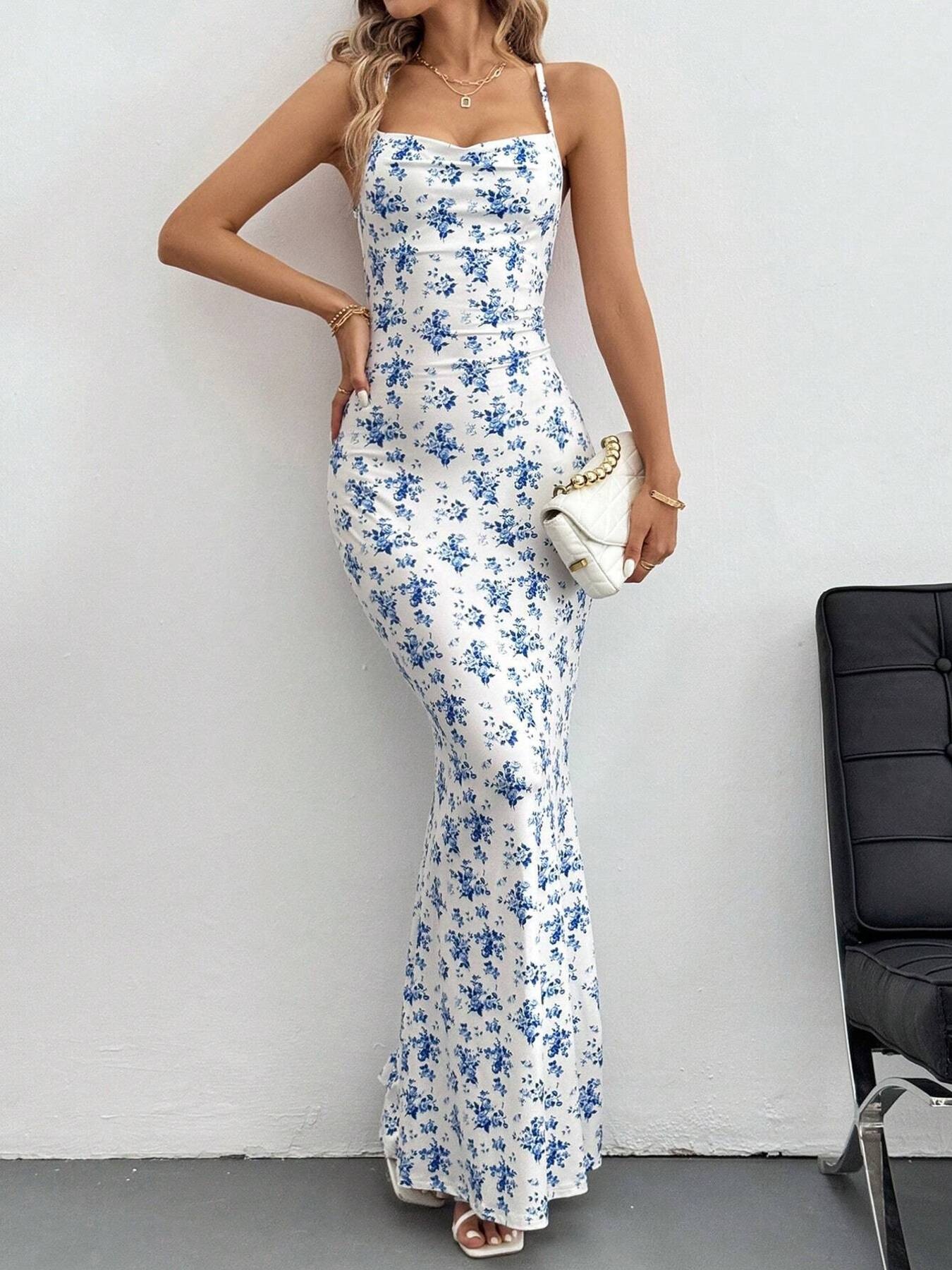 Crisscross Back Floral Print Bodycon Maxi Dress