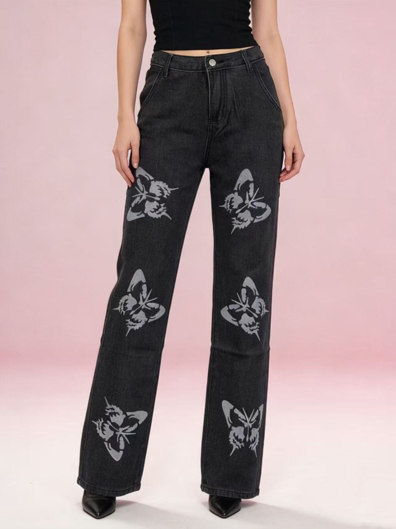 Butterfly Print High-Waisted Wide Leg Jeans secondary