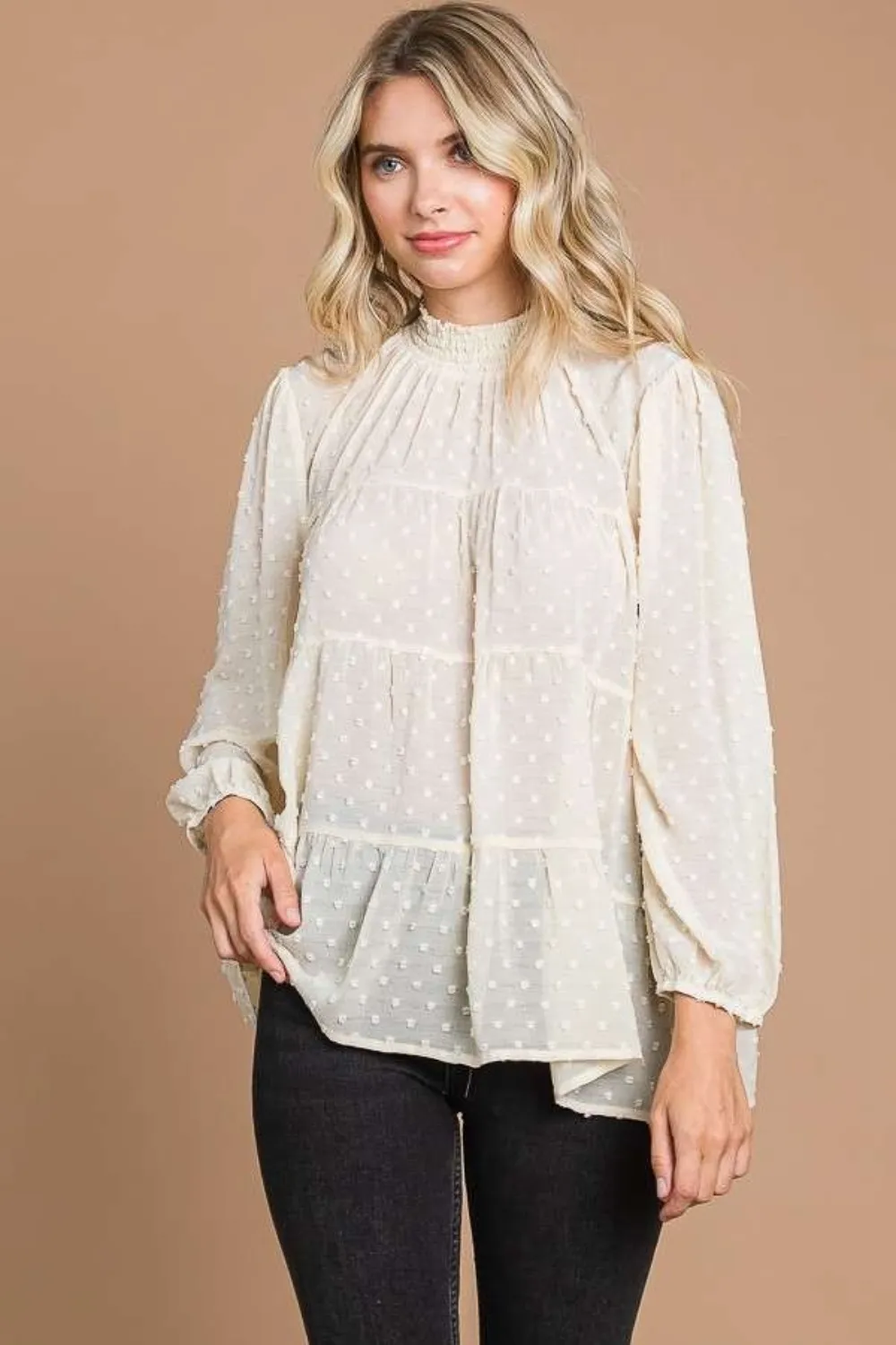 Culture Code Full Size Swiss Dot Smocked Mock Neck Blouse Plus Size