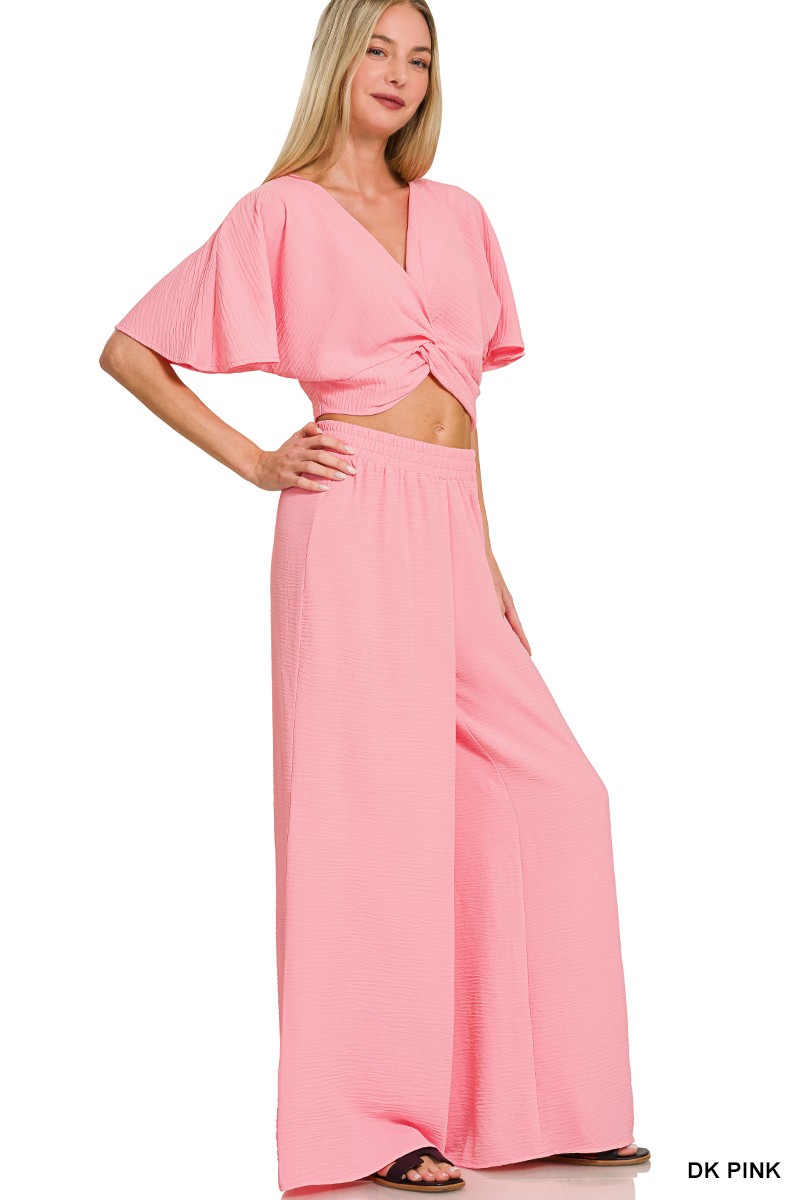 Zenana Woven Airflow Twisted Top & Wide Leg Pants Set