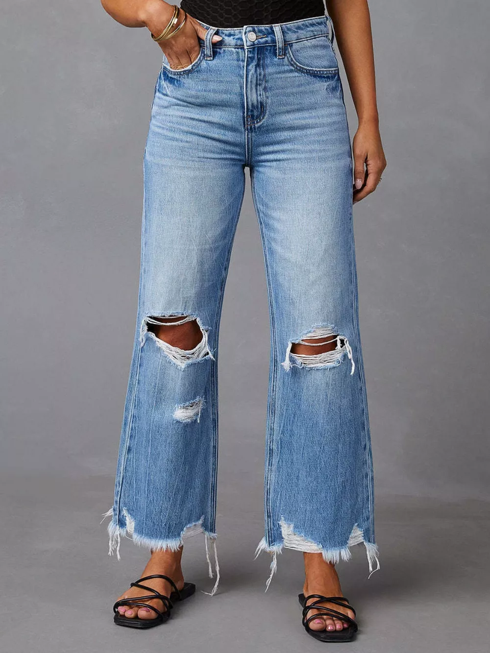 Distressed Raw Hem Jeans With Pockets