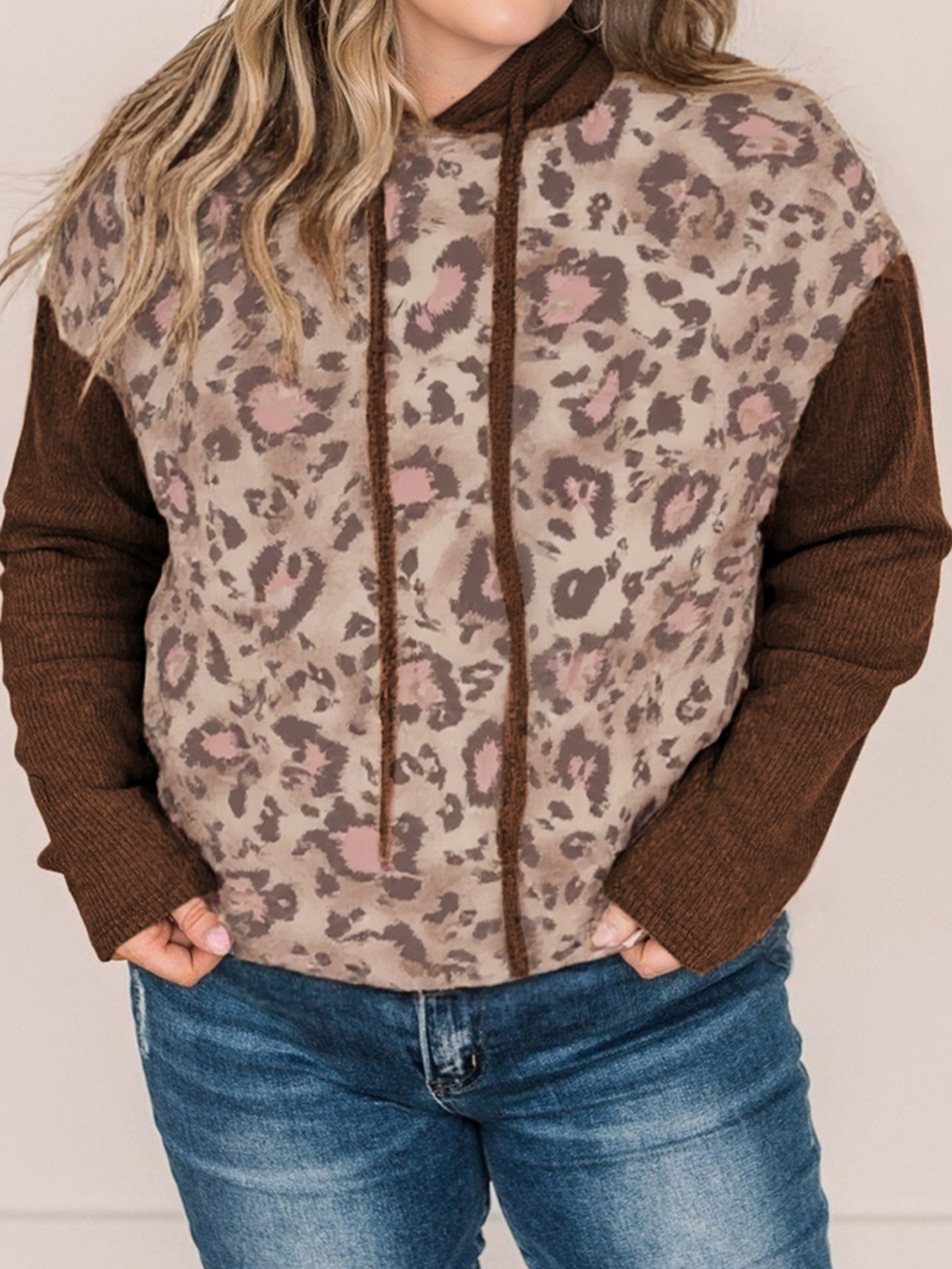 Plus Size Leopard Long Sleeve Drawstring Hoodie