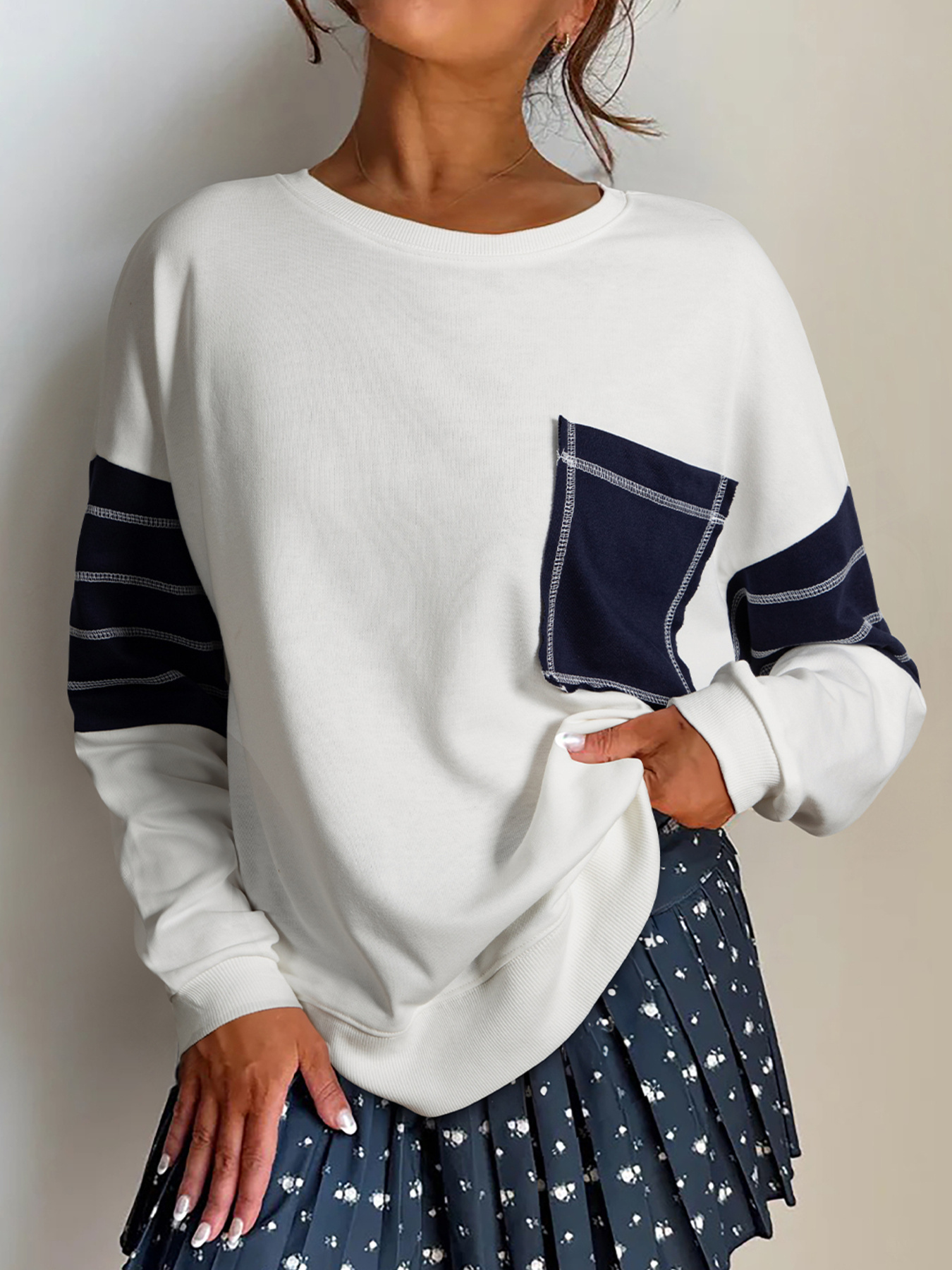Exposed Seam Detail Color Block Patch Pocket Drop Shoulder Sweatshirt