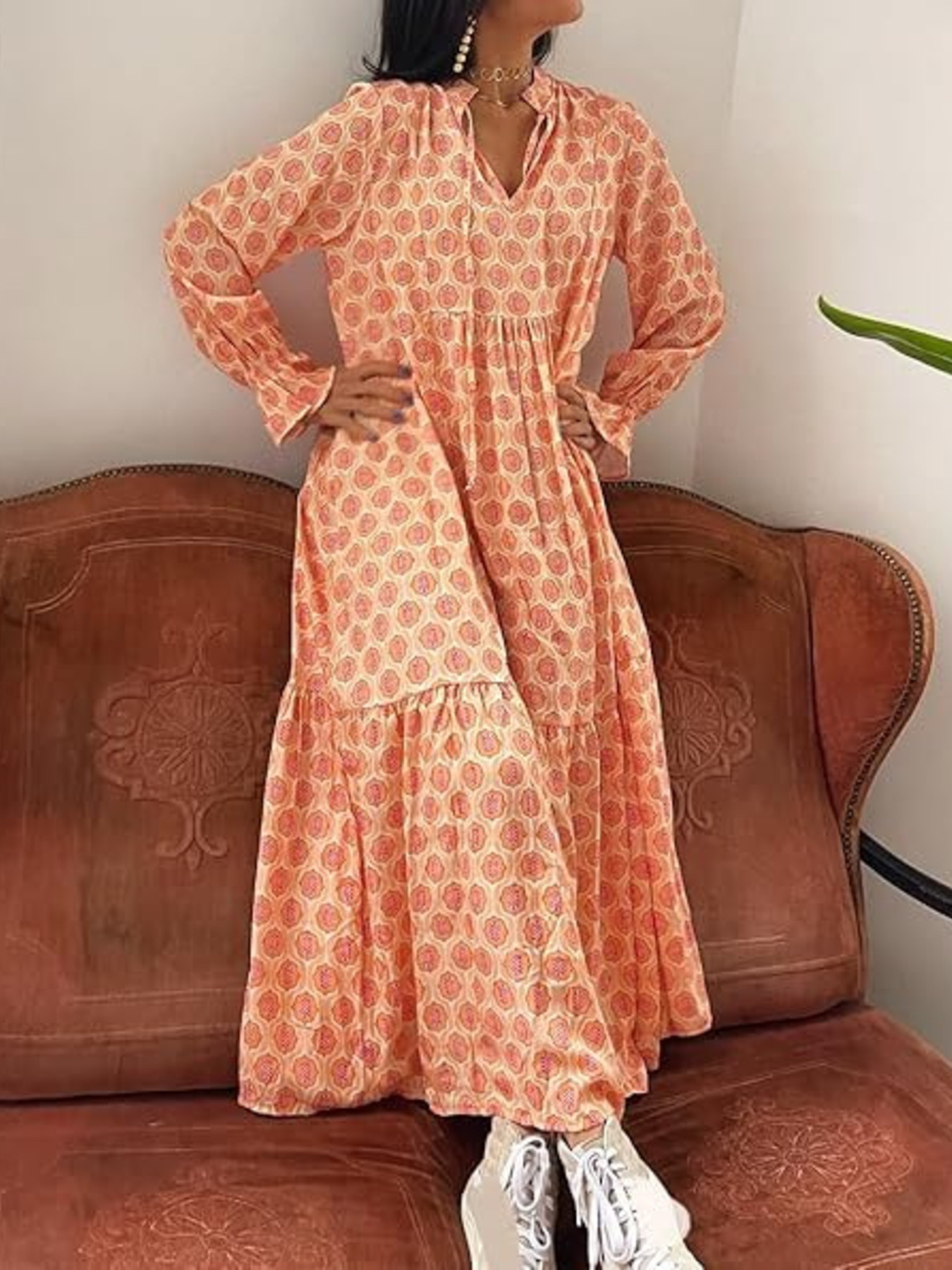 Printed Tie Neck Flounce Sleeve Maxi Dress