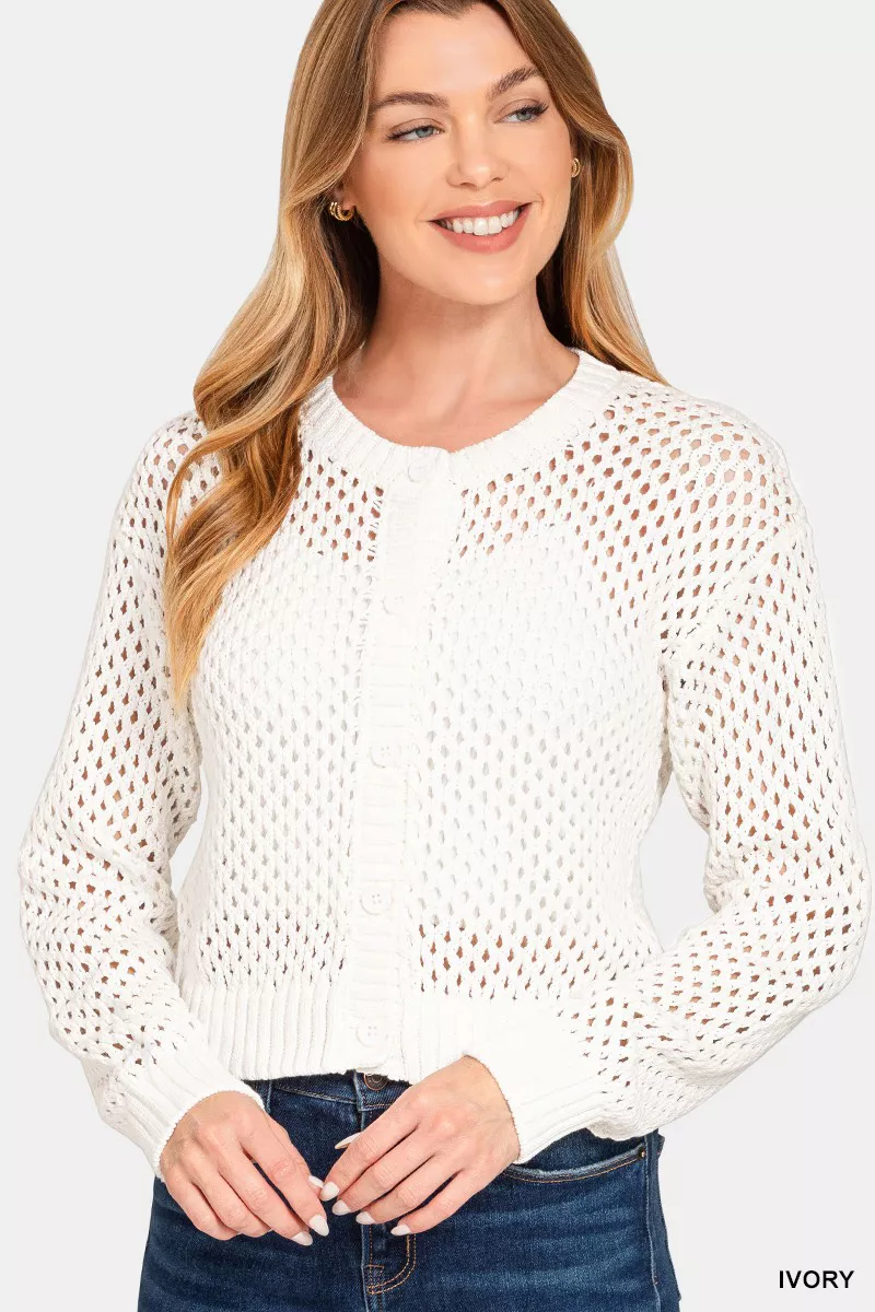 Zenana Button Down Lightweight Crochet Cardigan Sweater