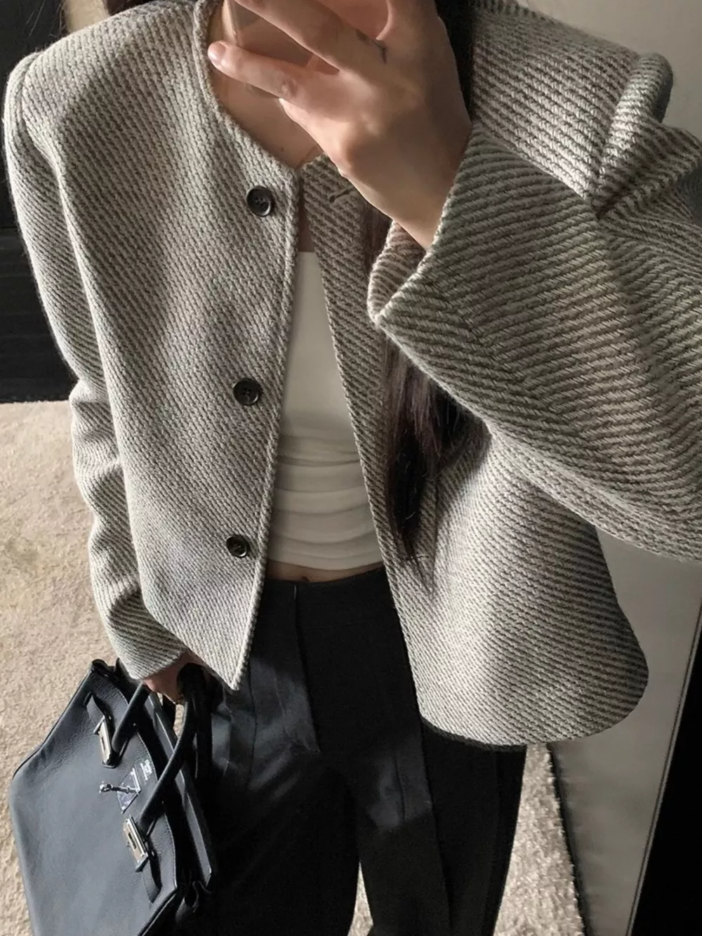 Button Up Tweed Cropped Jacket