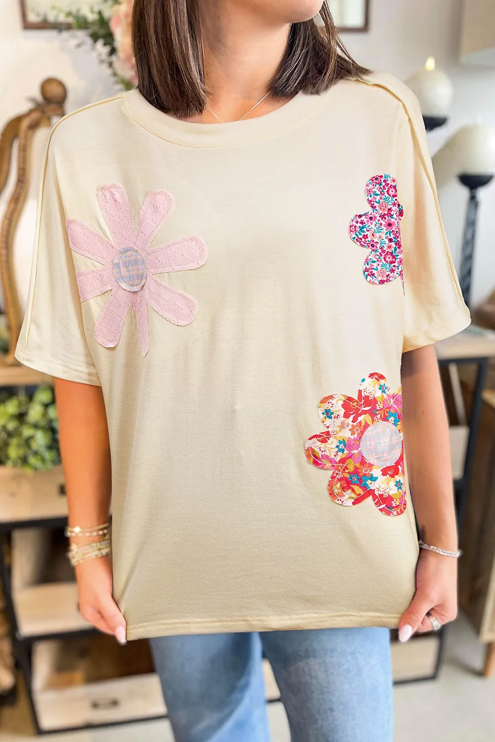 Flower Patched Exposed Stitching Trim Crew Neck Loose Tee