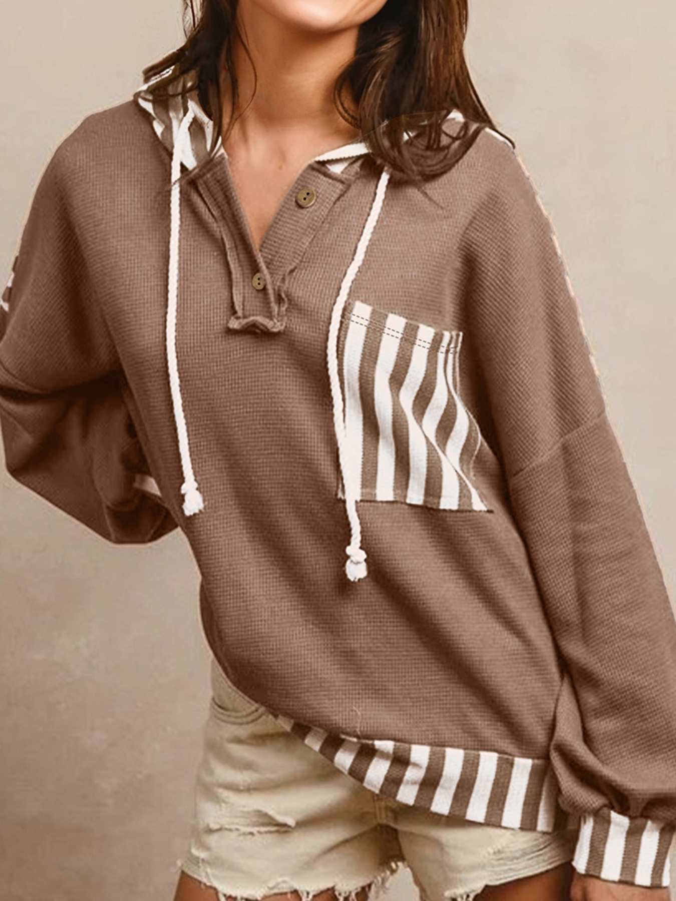 Waffle Texture Striped Patchwork Button Neck Drawstring Hoodie