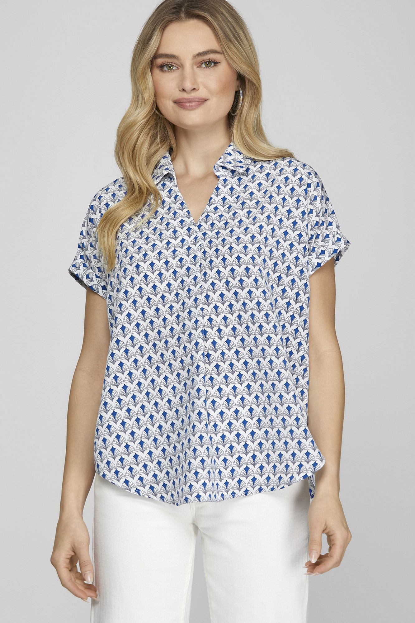 She + Sky Full Size Printed Johnny Collar Short Sleeve Blouse Plus Size