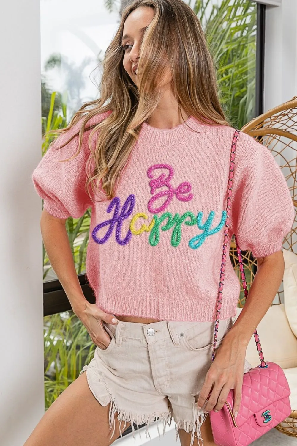 Bibi Metallic Letter Short Puff Sleeve Hairy Sweater