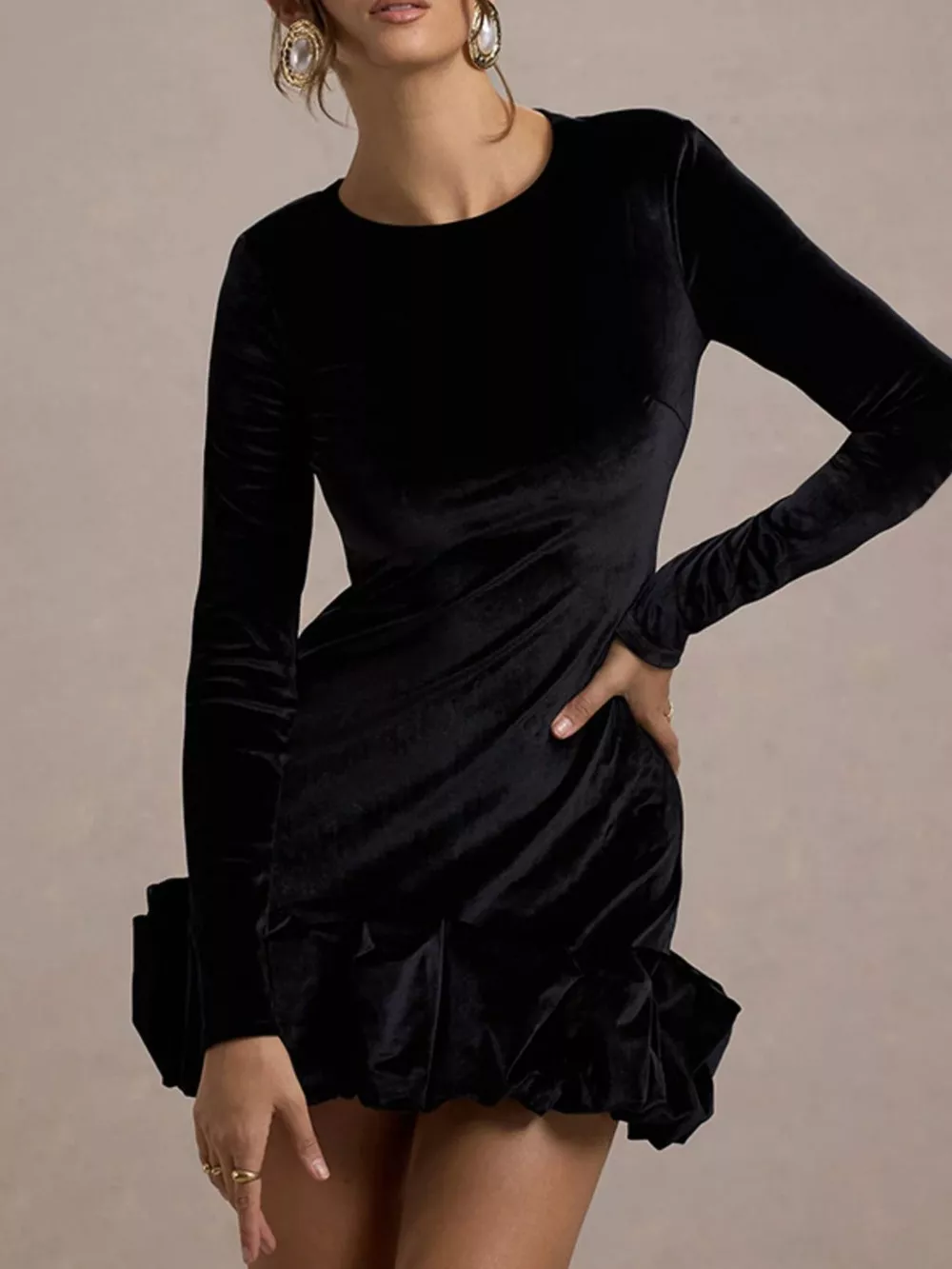 Velvet Ruched Hem Long Sleeve Dress