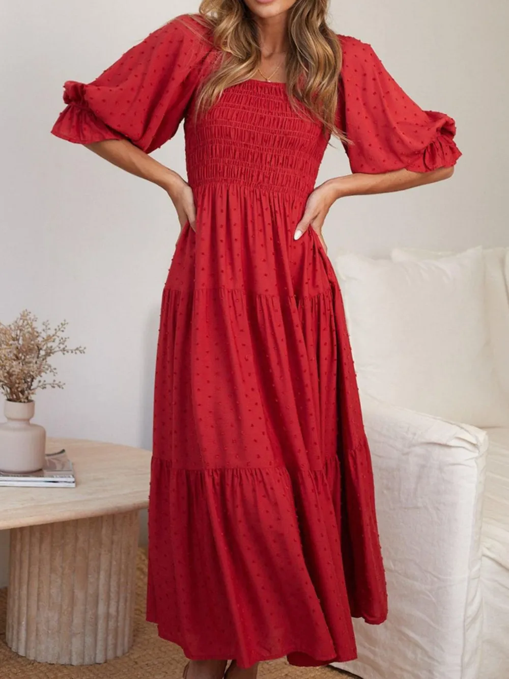 Smocked Swiss Dot Square Neck Flounce Sleeve Dress
