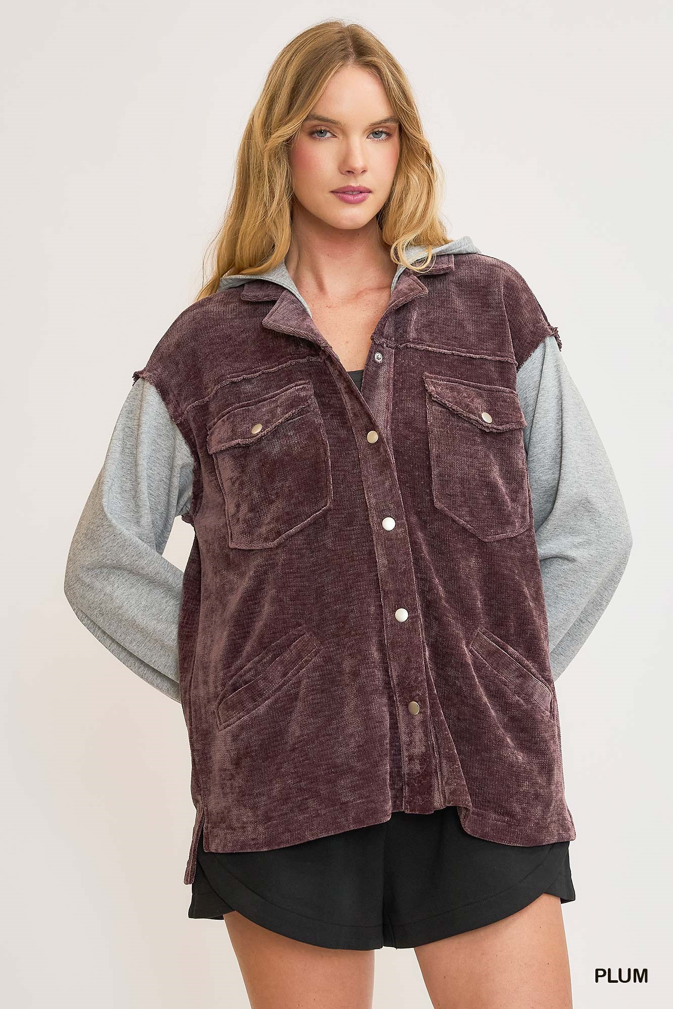 Umgee Contrast Hooded Chenille Jacket
