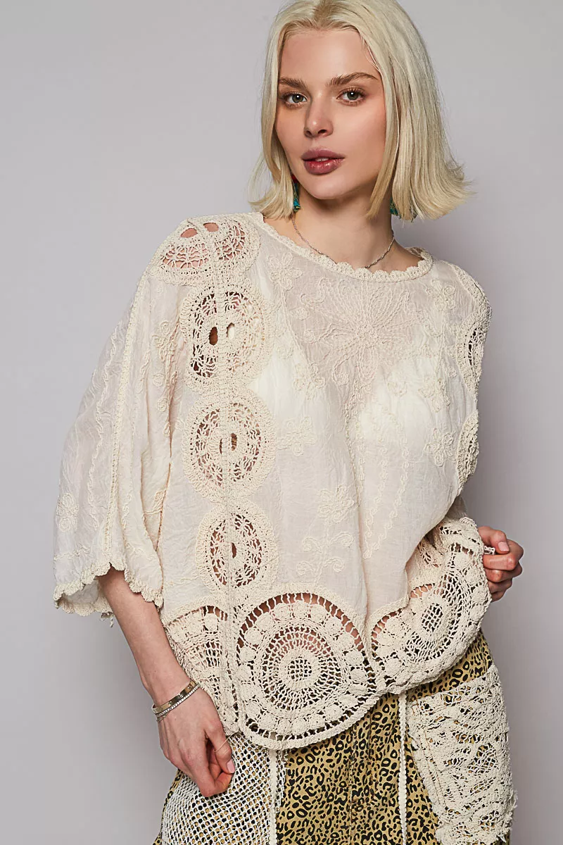POL Round Neck Crochet Top with Floral Embroidery Detail