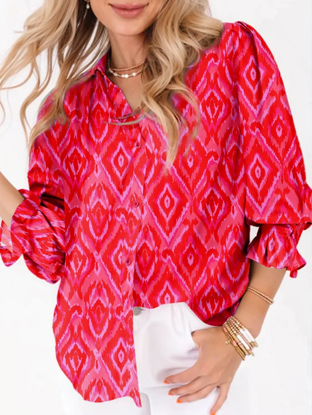 Diamond Print Flounce Sleeve Shirt