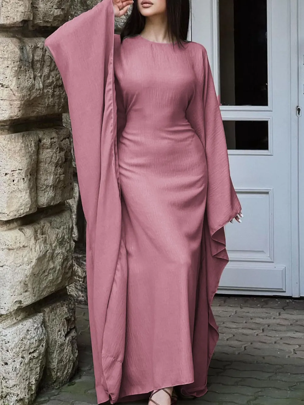 Round Neck Maxi Dress with Flowing Cape Sleeves