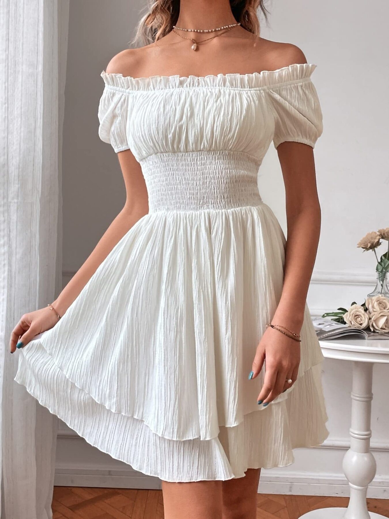 Off-Shoulder Smocked Waist Layered Mini Dress