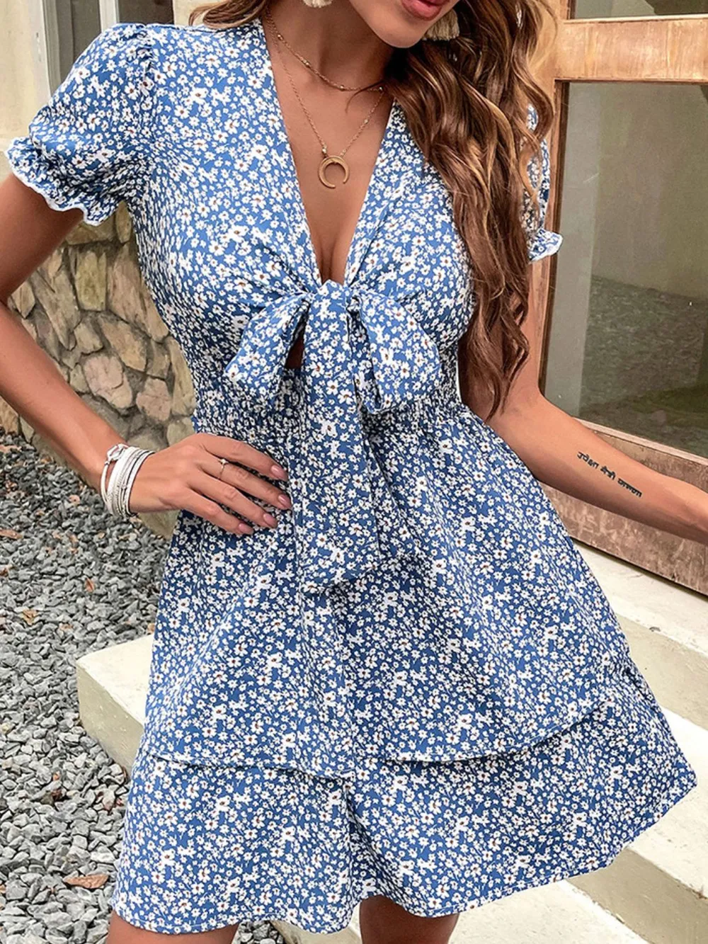 Floral Print Tie-Front Mini Dress with Flutter Sleeves