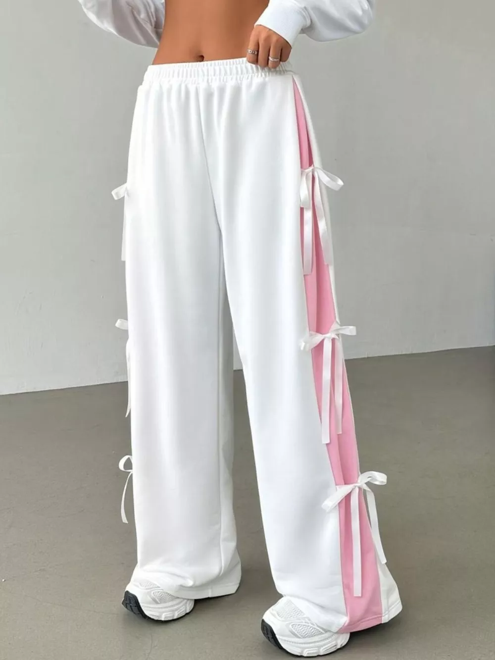 Side Tie Contrast Wide Leg Pants
