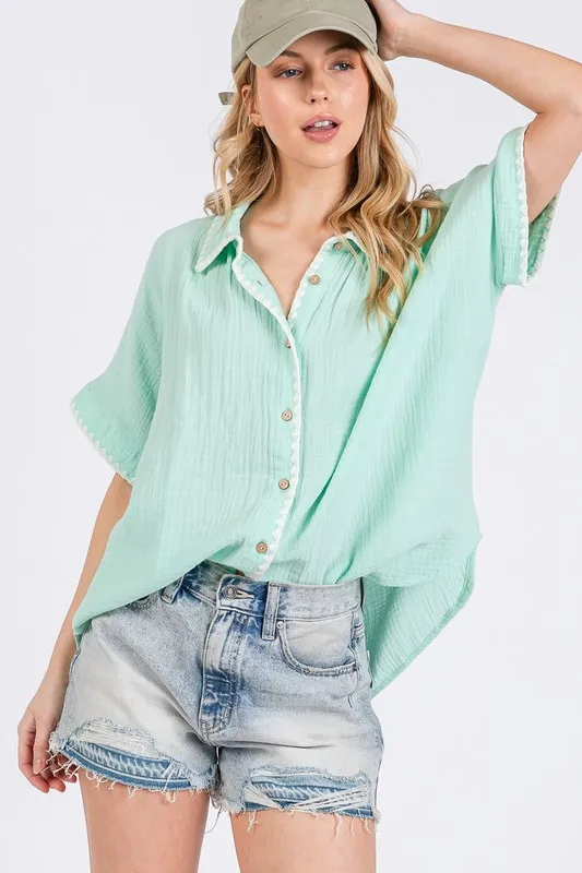SAGE+FIG Boho Contrast Zigzag Trim Gauze Button-Up Shirt