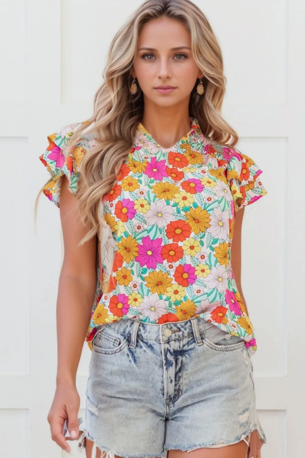 Floral Print Shirred Tiered Ruffled Sleeve Blouse