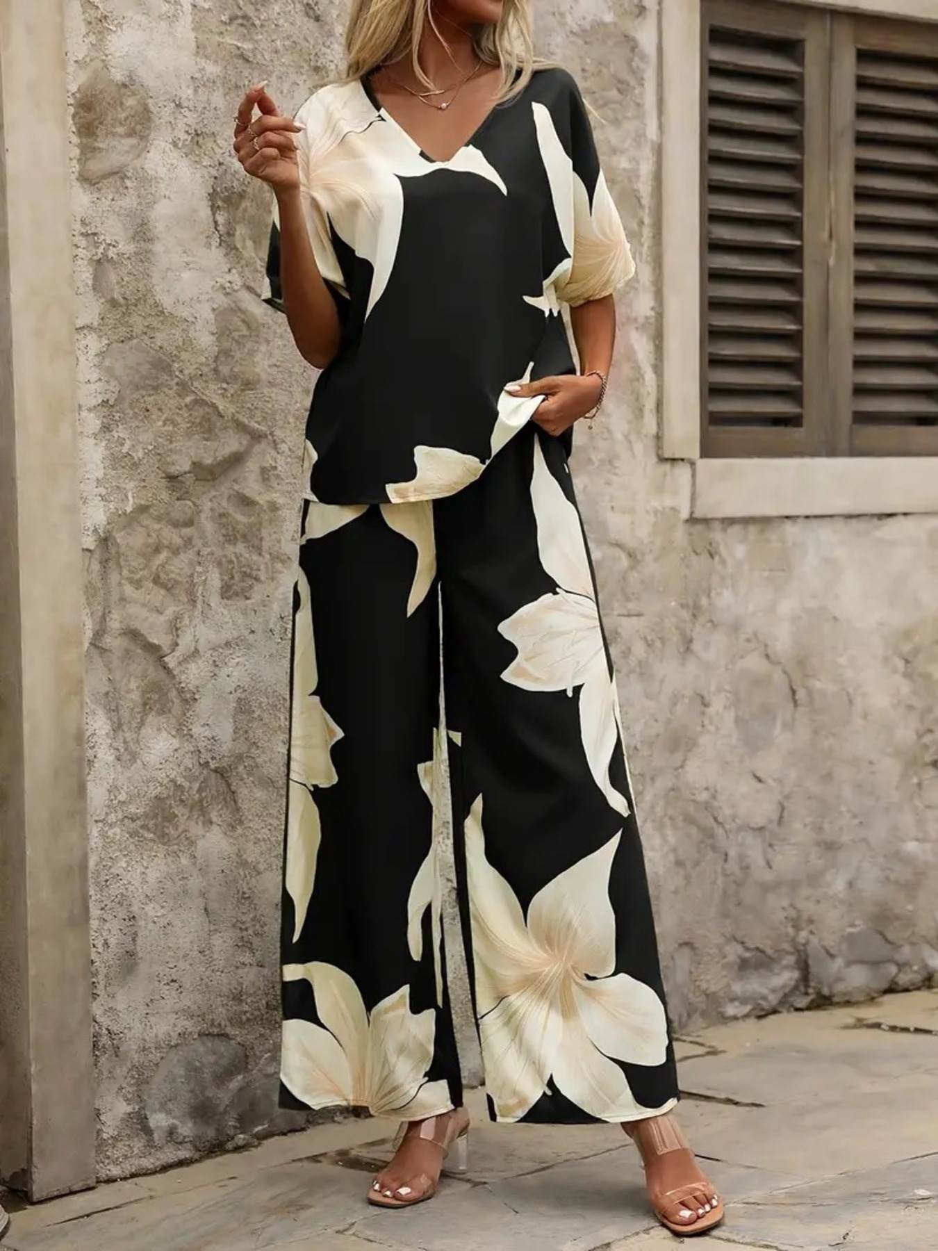 Printed V-Neck Top and Pants Set