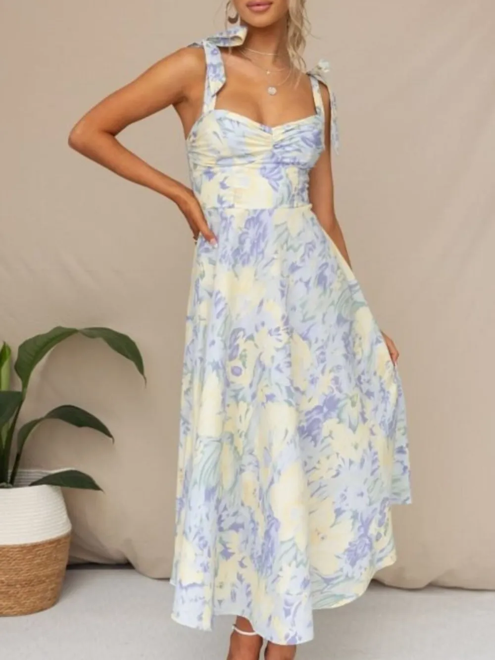 Floral Tie-Strap Sweetheart Neck Midi Dress