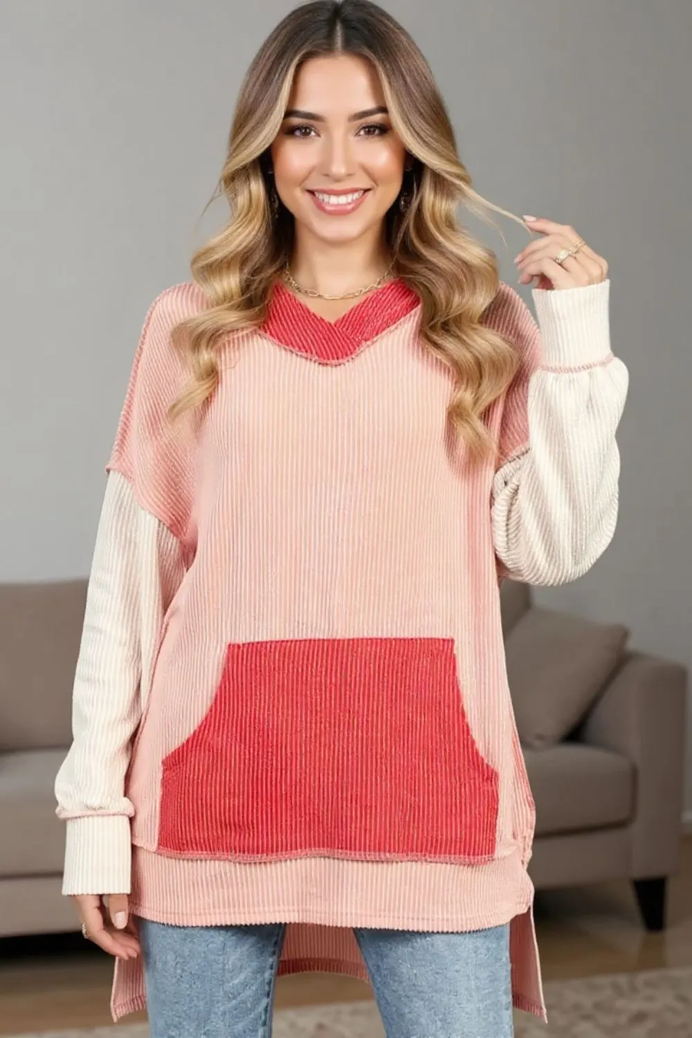 Contrast Hooded Long Sleeve Top