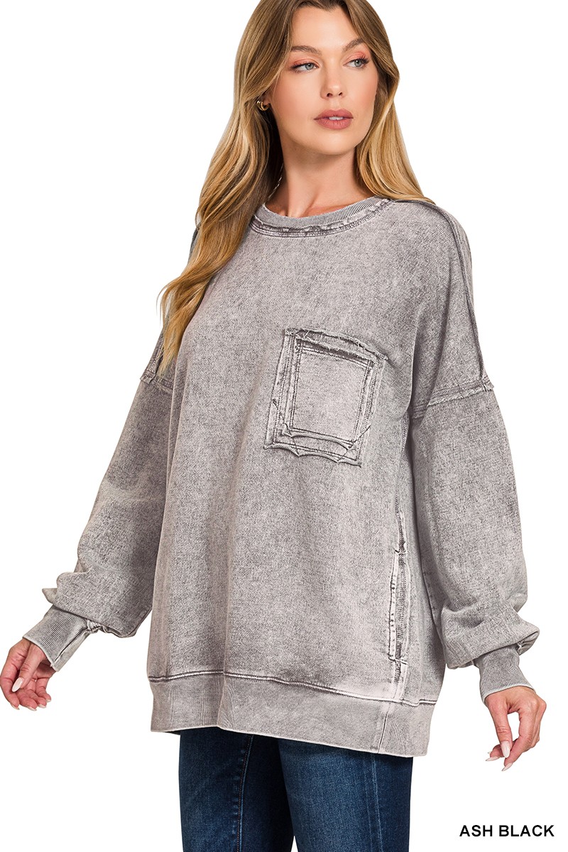 Zenana Halo Washed French Terry Exposed-seam Sweatshirt