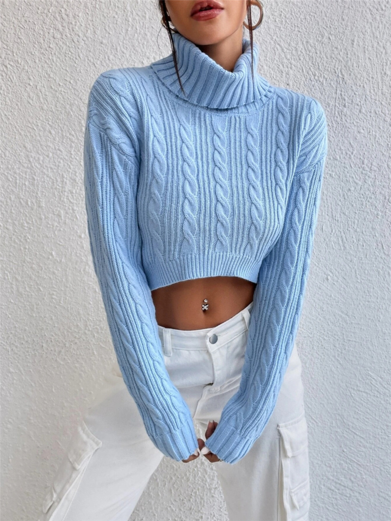 Cable-Knit Turtleneck Long Sleeve Sweater