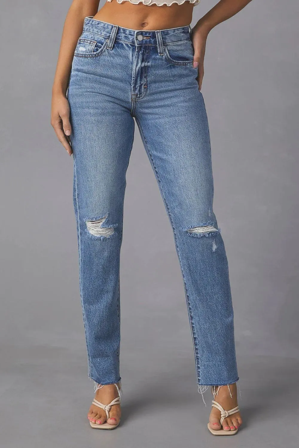 Distressed Raw Hem Straight Jeans With Pockets